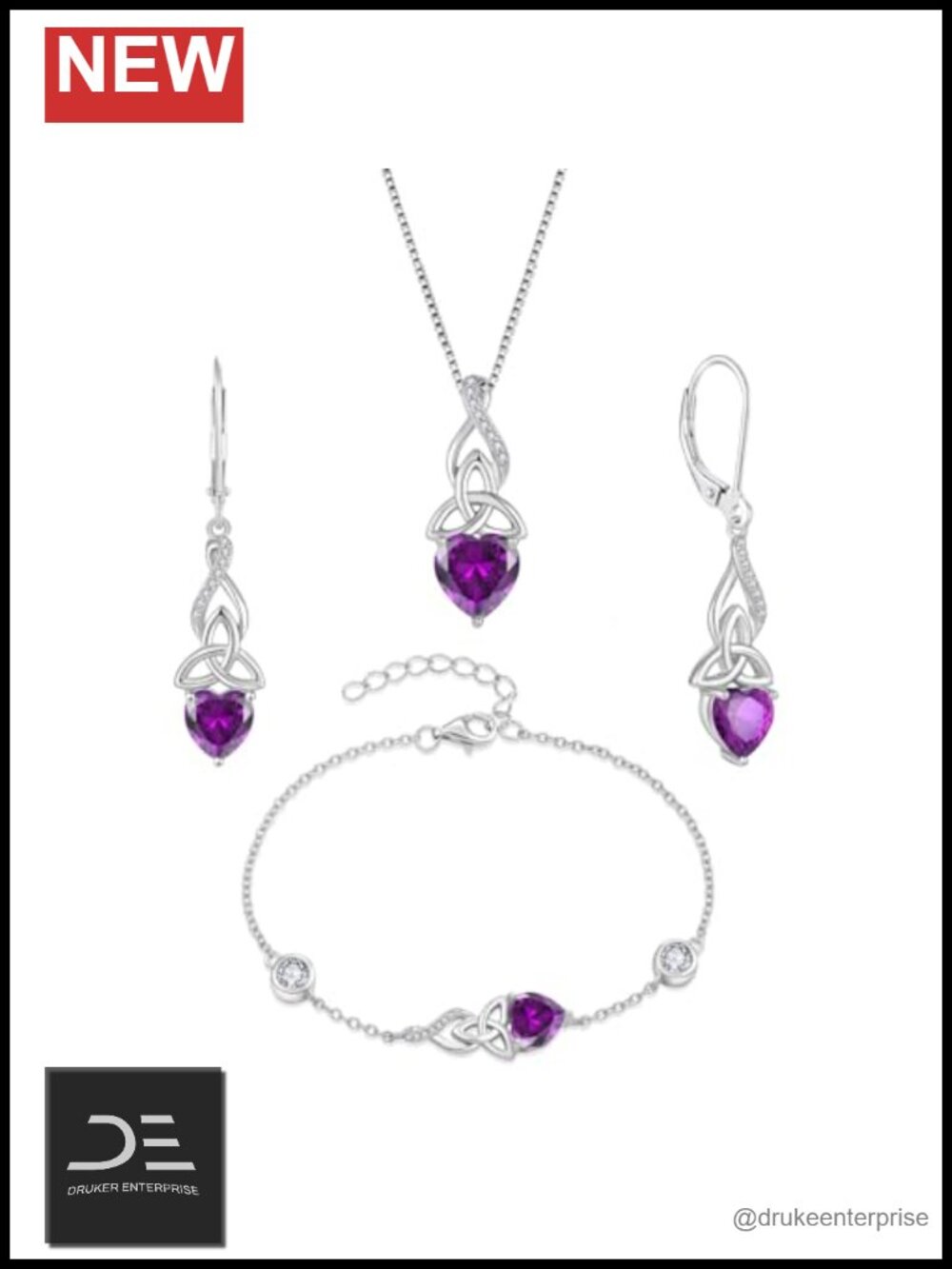 925 Sterling Silver Gold Plated Celtic Knot Jewelry Set Amethyst Earrings